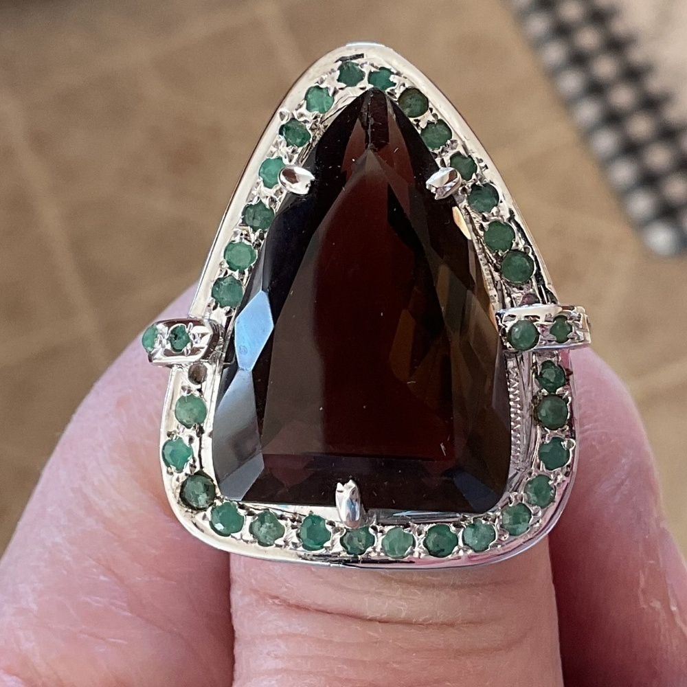 NWOT STERLING SILVER 925 Smoky Topaz/Emerald Ring Size US 7.5